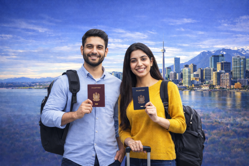 South Asian couple holding passports for Canada Work Visa 2026 immigration