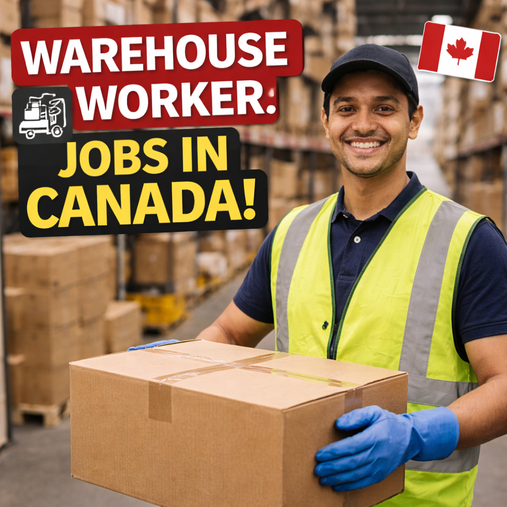 Warehouse worker holding box job advertisement Canada